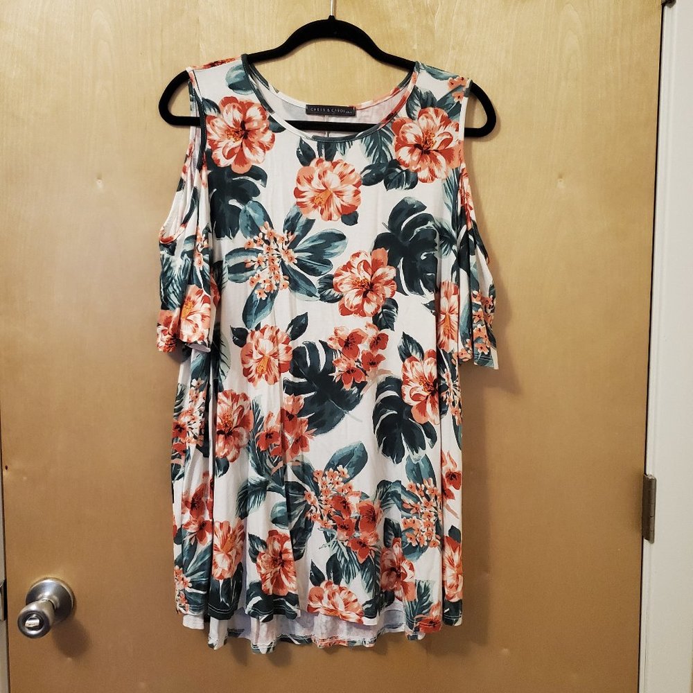 Cold shoulder tropical print shirt